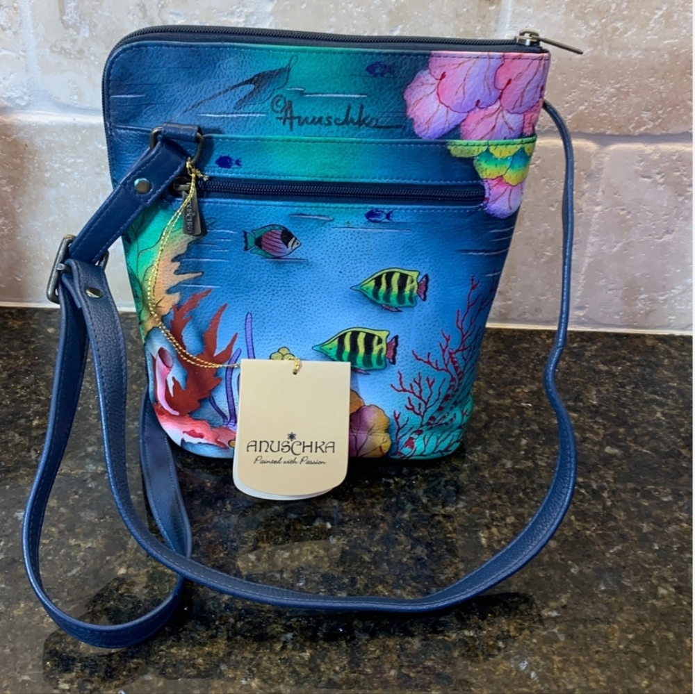 ANUSCHKA Hand painted on leather is a underwater ocean scene messanger bag NWT